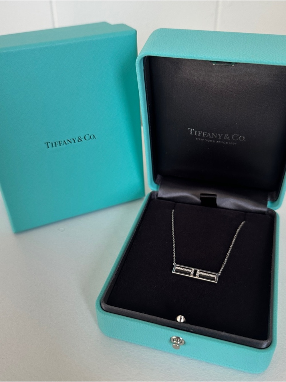 Tiffany & Co. Open Horizontal Diamond T Bar Pendant 18k White Gold